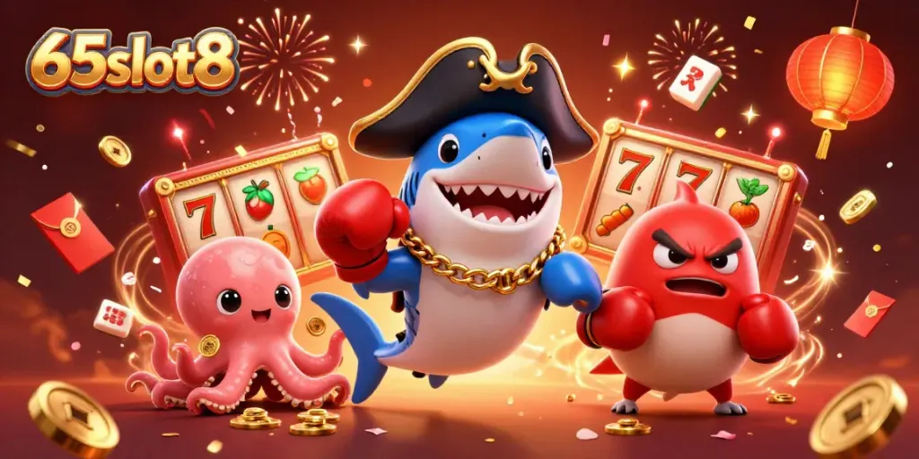 Experience excitement with 65slot8's dynamic casino scene featuring vibrant characters and rich slot game visuals.