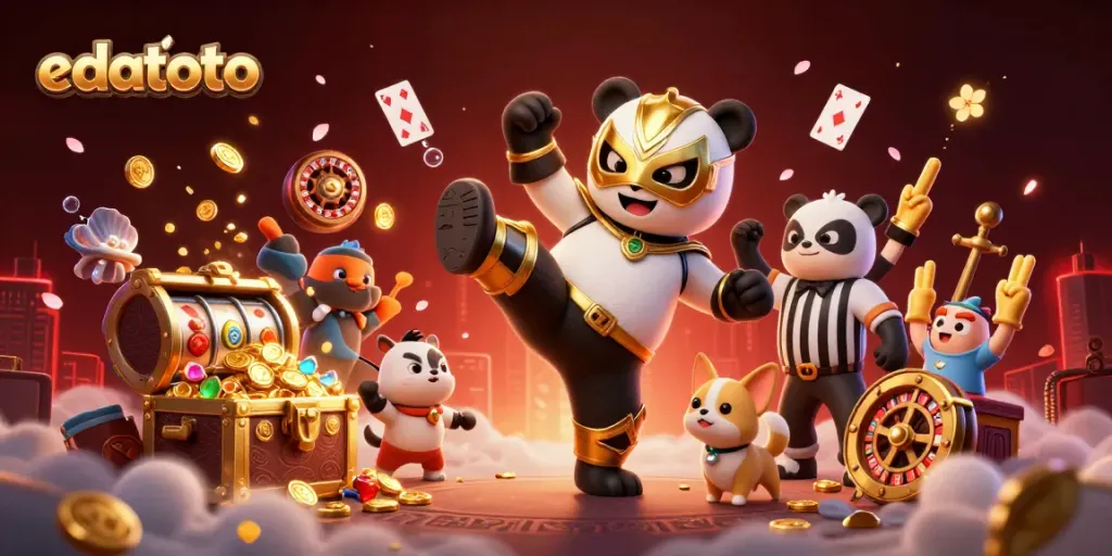 A dynamic 3D illustration showcasing edatoto's exciting casino experience with vibrant characters，gold coins, and thrilling gameplay elements.