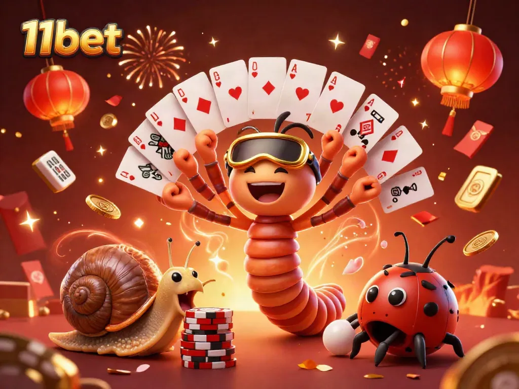 Experience the excitement of 11bet with a vibrant casino scene featuring unique characters and game elements.