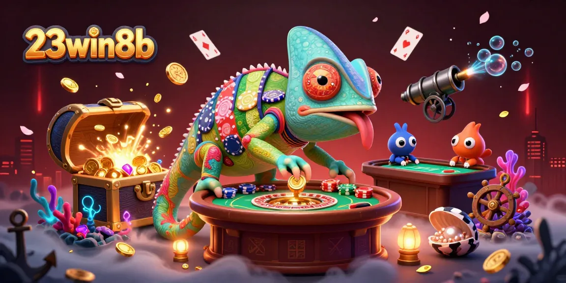 Engage with 23win8b through a vibrant casino atmosphere filled with dynamic gaming elements and a colorful chameleon mascot.