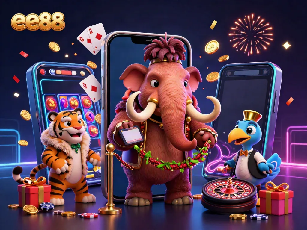 ee88 illustrates a casino scene with a woolly mammoth, saber-tooth tiger, and dodo bird engaging at the entrance.