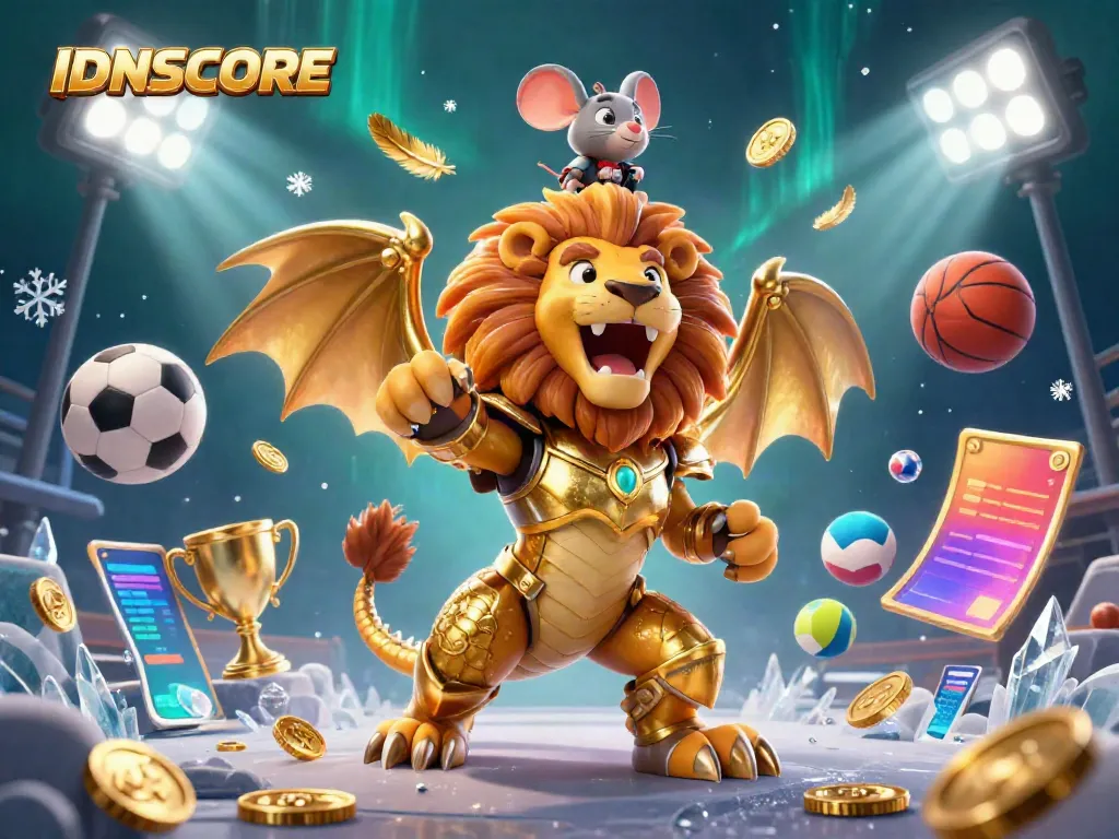 IDNSCORE presents an exhilarating 3D scene of a chimera creature and a mouse jockey amidst dynamic sports elements.