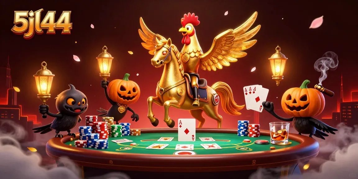 Experience thrilling poker action with 5jl44, featuring vibrant characters in a lavish casino scene.