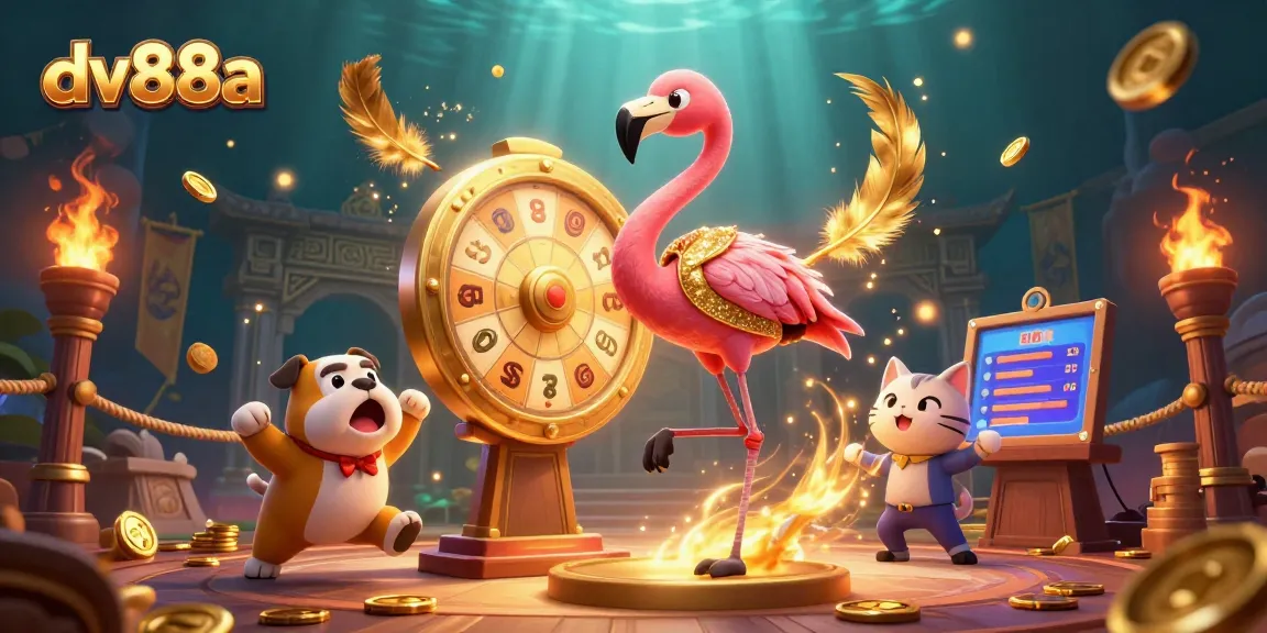 Win big with dv88a's exciting casino games featuring a vibrant prize wheel, golden tokens, and energetic characters.