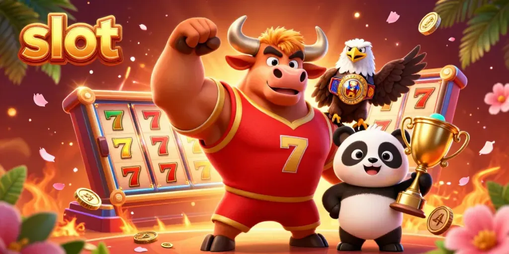 Experience the thrill of slot gaming with a dynamic 3D illustration featuring a bull mascot and vibrant gaming elements.