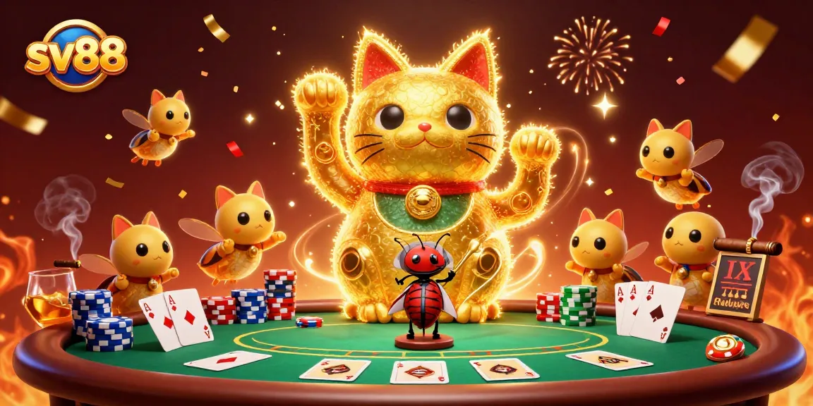 Experience the vibrant sv88 casino world with a lucky cat creation from fireflies and poker elements.
