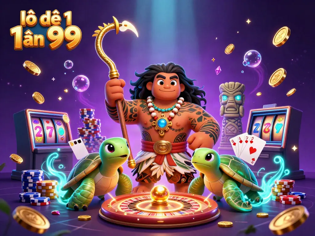 Experience lô đề 1 ăn 99 with a vibrant 3D casino scene featuring winning elements and unique characters.