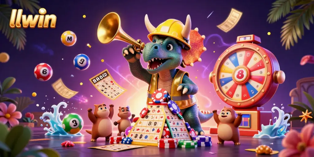 Experience winning with llwin as colorful lottery elements surround a triumphant scene of cartoon dinosaurs celebrating.