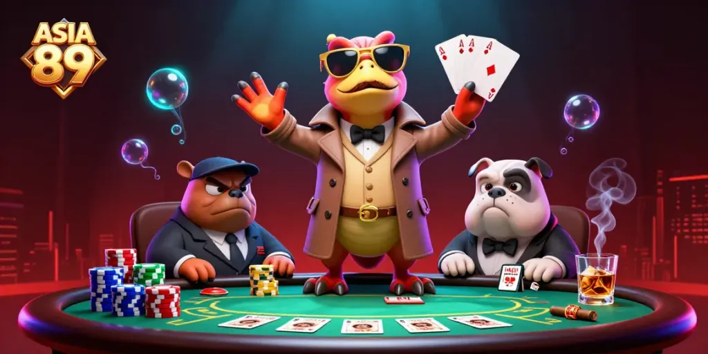 Engaging ASIA 89 scene with cartoon raptors in a casino, vibrant game elements around them.