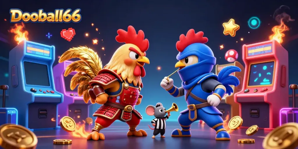 Witness the intense competition of roosters in armor, embodying Dooball66 spirit in a dynamic gambling scene.