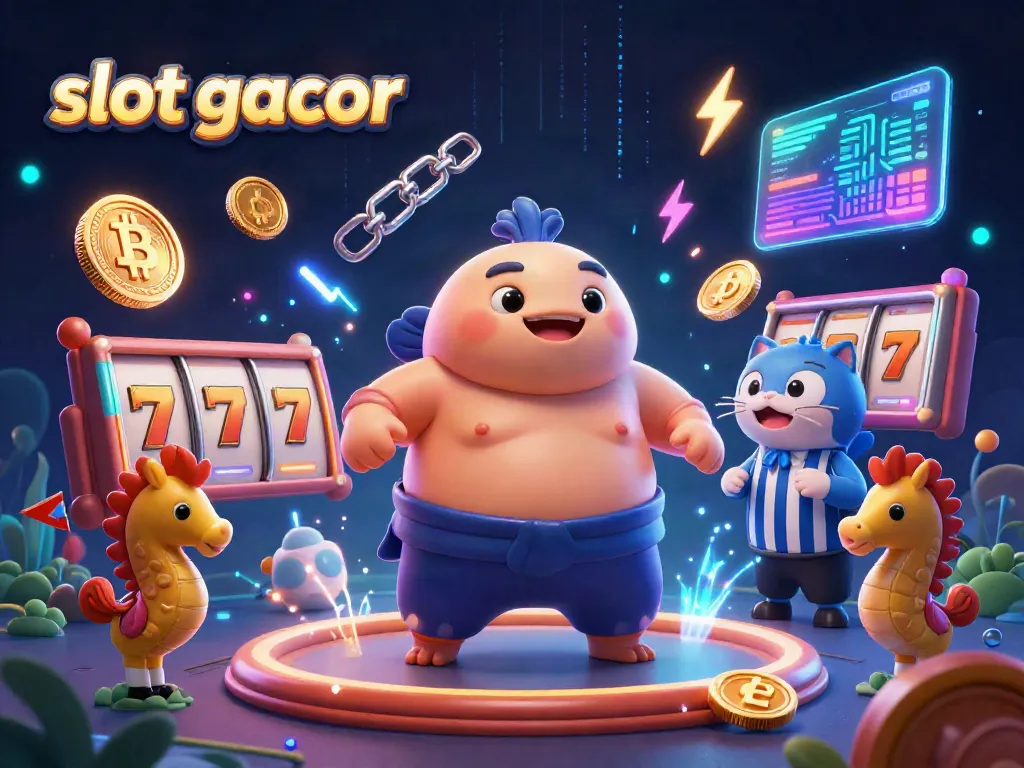 Engage with slot gacor excitement in a vibrant underwater casino scene featuring a blowfish, catfish, and seahorse spectators.