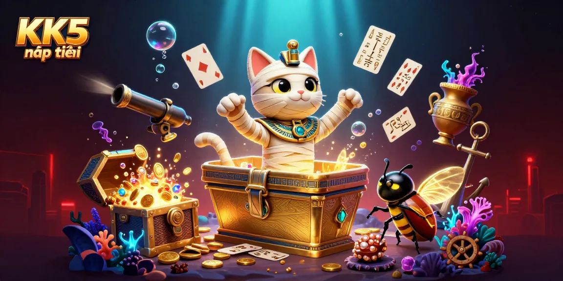 Experience KK5 nạp tiền with vibrant 3D illustration of a mummy cat and gaming elements in a dynamic casino scene.