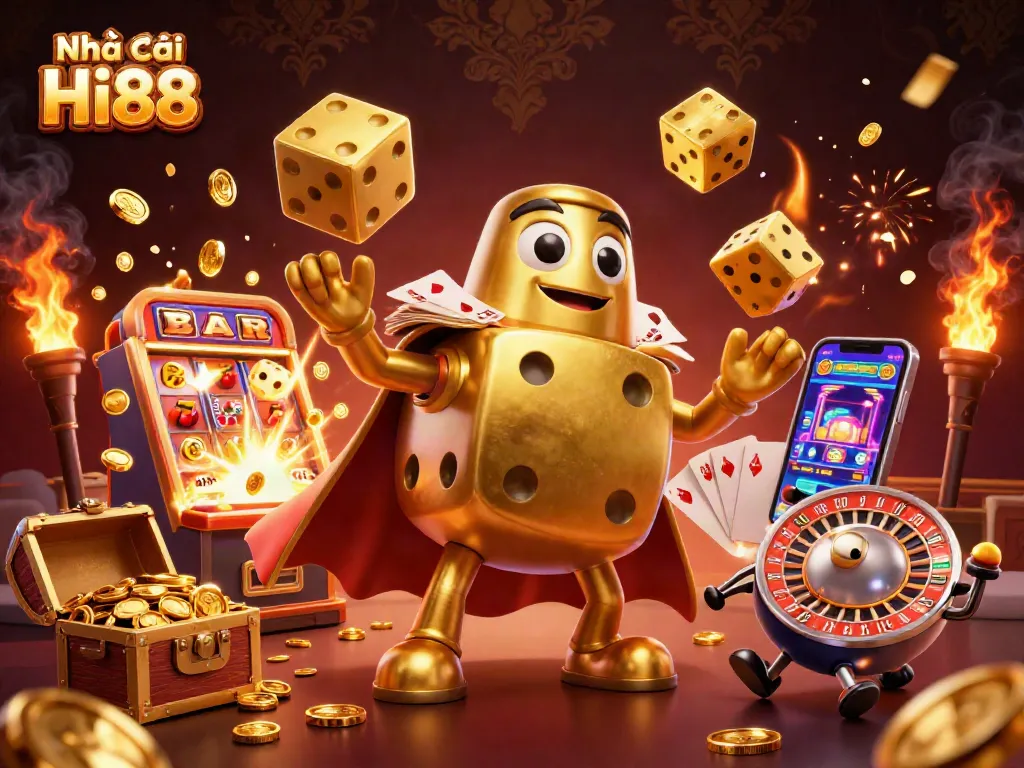 Engage with Nhà cái Hi88's exciting atmosphere featuring a golden dice golem, dazzling slots, and vibrant casino elements.