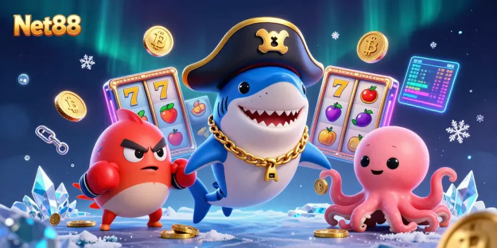 Experience exhilarating gameplay at Net88 with unique cartoon characters, slot symbols, and crypto elements.