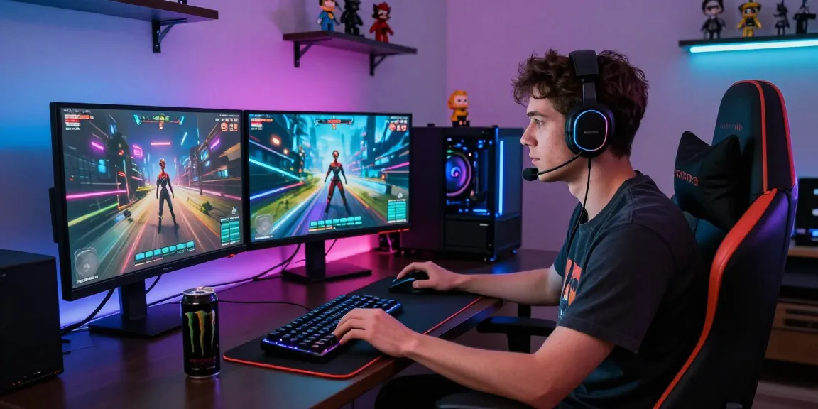 Gamer intensely playing a mind control porn game on dual monitors in a vibrant gaming setup.