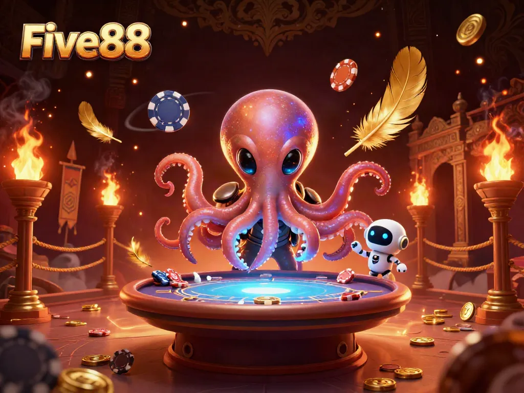 Engage with Five88 in a vibrant, fictional casino world featuring an alien octopus and robot at a holographic poker table.