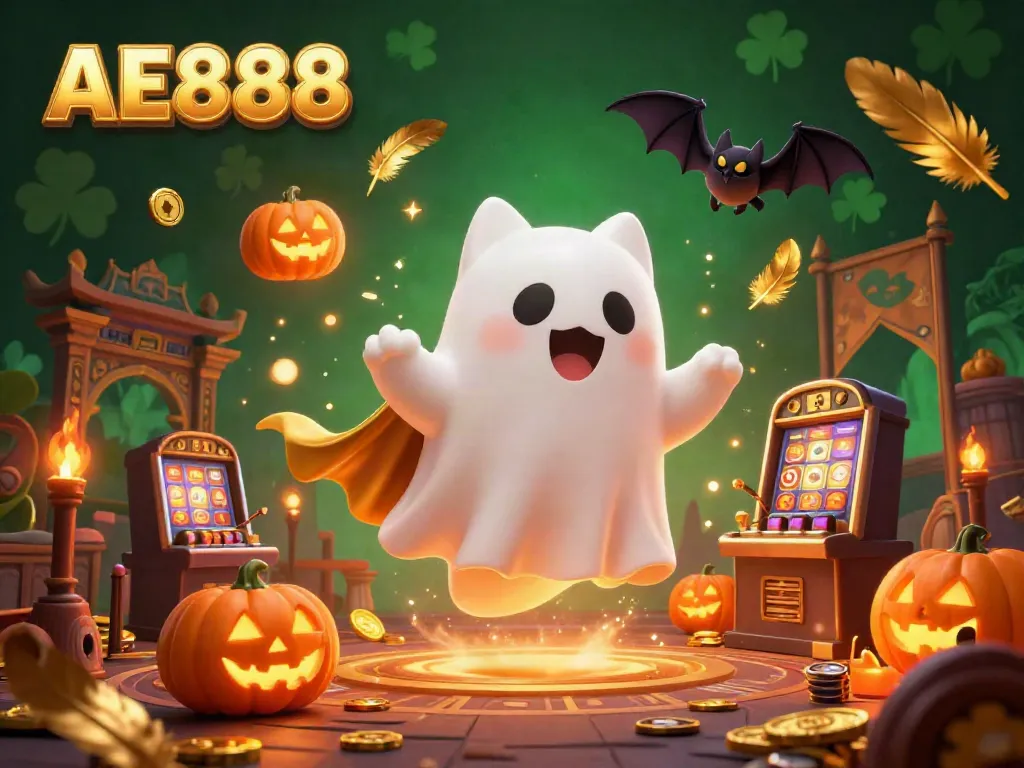 Engage with AE888's haunted casino world, featuring a ghost cat and vampire bat amidst glowing jackpots and vibrant effects.