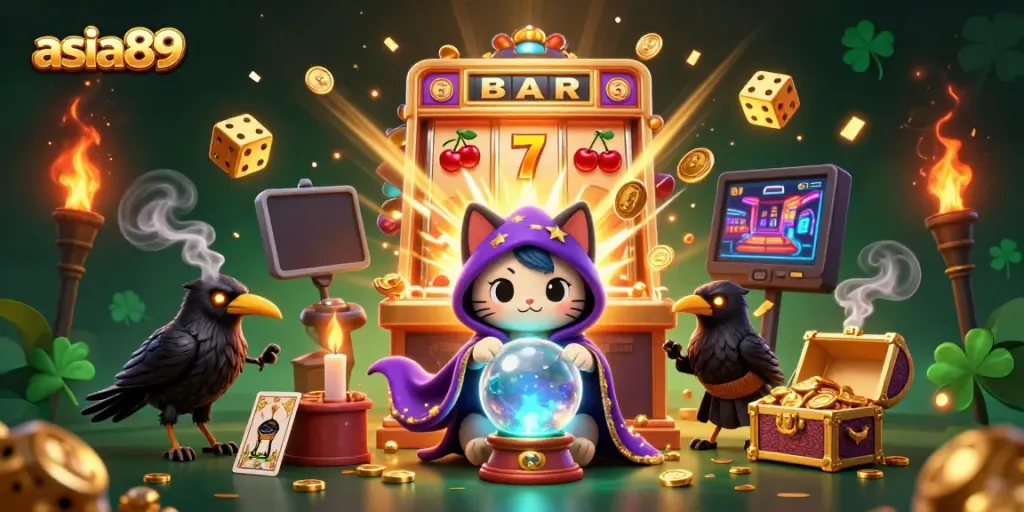 Win big with asia89 in an energetic, vibrant casino scene featuring immersive characters and elements.