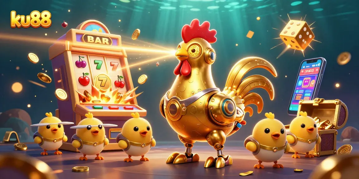 Engage with ku88's thrilling gaming experience featuring a golden rooster robot amidst a jackpot explosion.