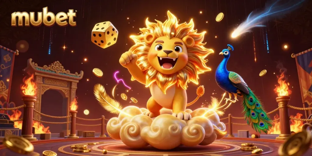 Engage with the vibrant casino scene at mubet featuring a roaring sun lion and golden dice.