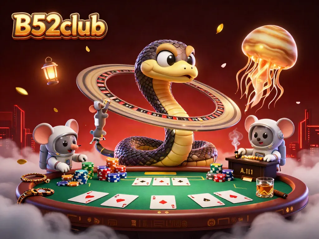Engage with the B52club gambling scene featuring a snake roulette wheel, cosmic dealer, and animated betting.