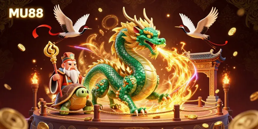 Experience thrilling gambling at MU88 with an emerald dragon, turtle sage, and lucky cranes in a dynamic 3D illustration.