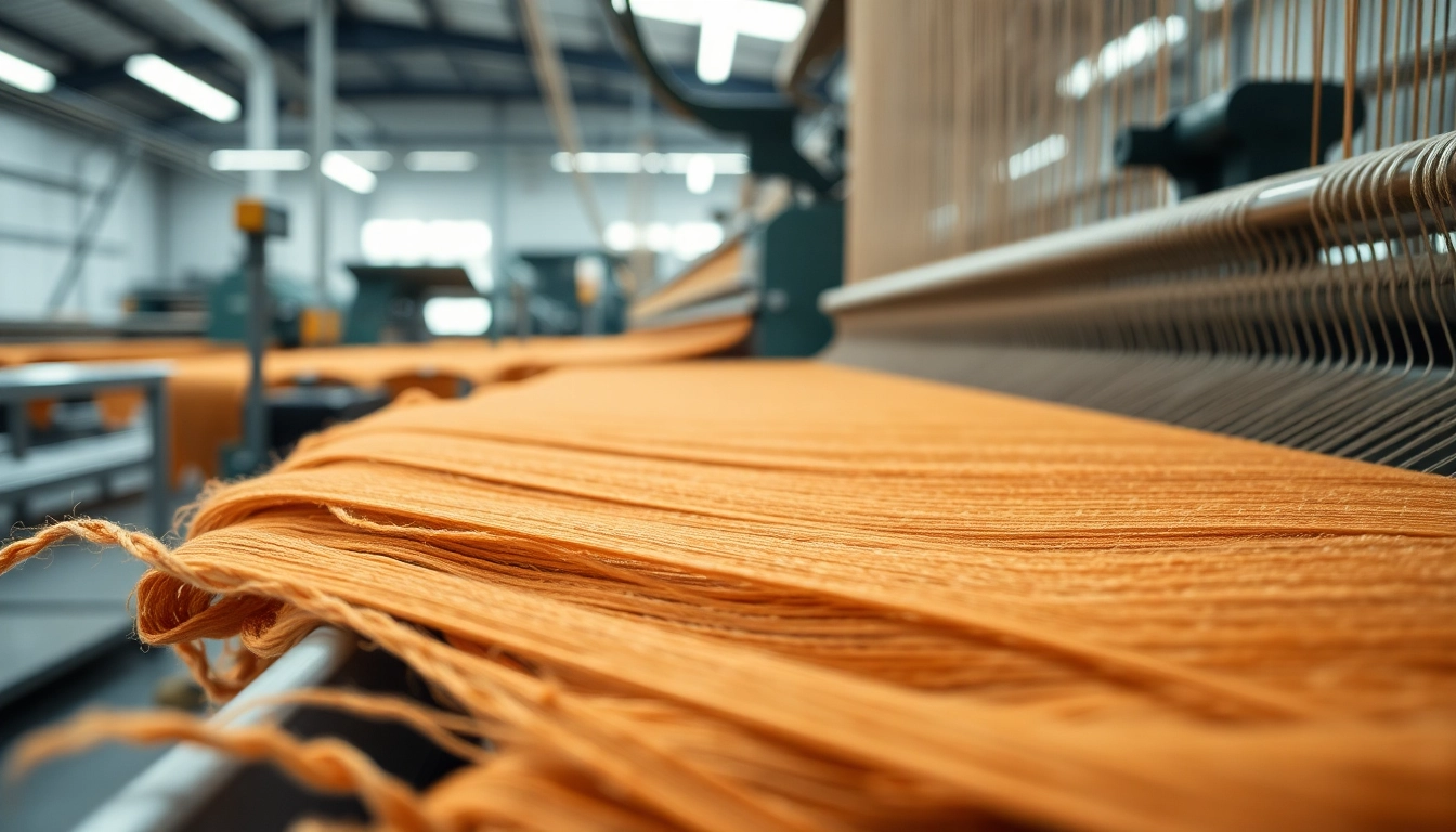 Viscose fabric creation highlighted with weaving machines in an industrial setup.
