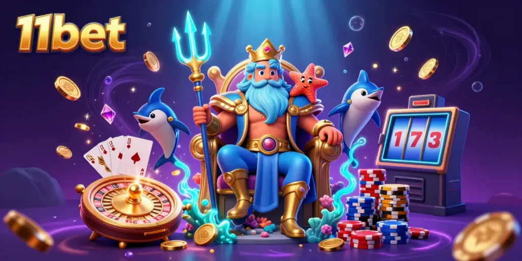 Experience the thrill of winnings with 11bet in this vibrant casino illustration featuring Neptune and dynamic gaming elements.