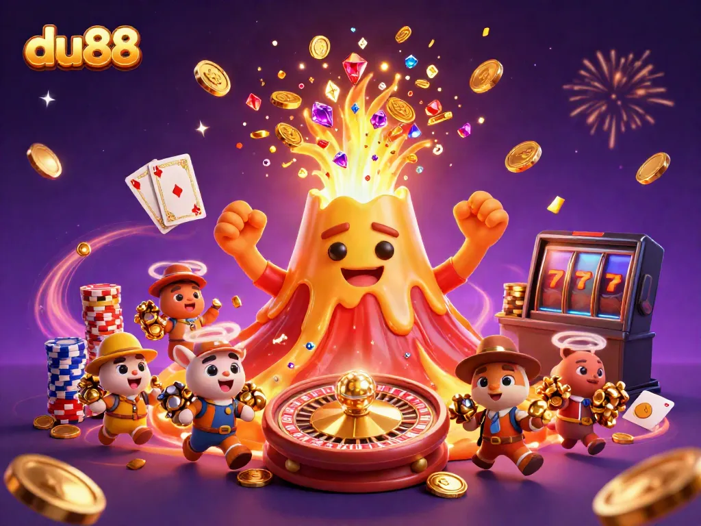 Experience the thrill of du88 with a vibrant 3D casino scene filled with treasures, featuring iconic game symbols.