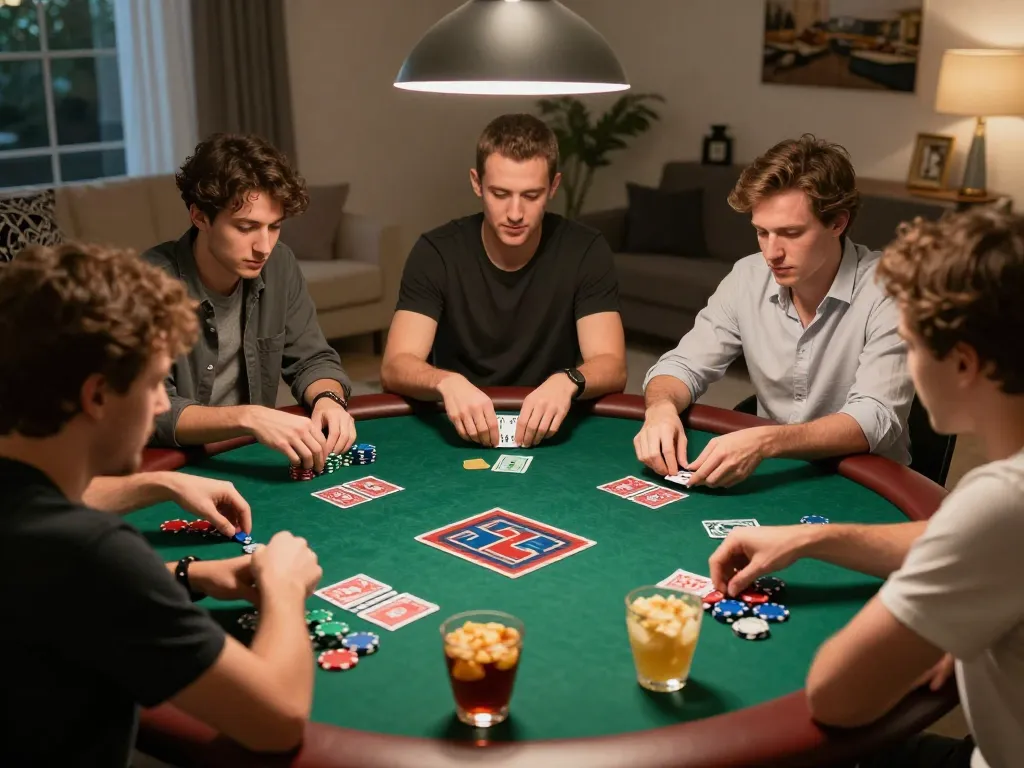 Engaged players at home poker night strategizing their hands with rokok88 snacks and drinks.