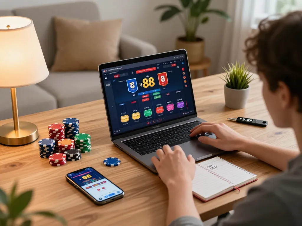 Player enjoying an exciting online casino game on tg 88, surrounded by chips and notes, emphasizing strategic gameplay.