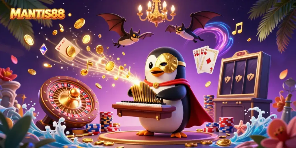 MANTIS88 cartoon penguin plays golden organ in a vibrant, immersive casino scene.