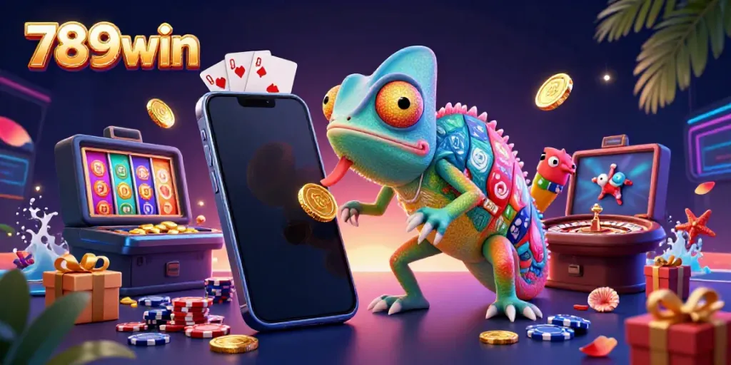 Immerse in the vibrant 789win casino scene featuring a lively chameleon owner amidst gaming excitement.