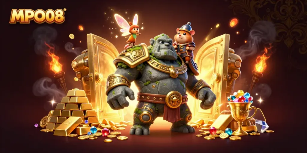 Experience the magic of MPO08 with a mystical golem, fairy, and hamster knight in a treasure-filled scene.
