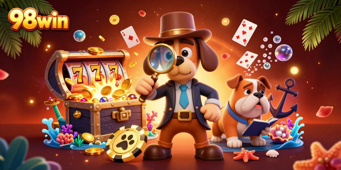 Join 98win's gaming adventure with a detective duo uncovering poker treasures among vibrant slots and coins.