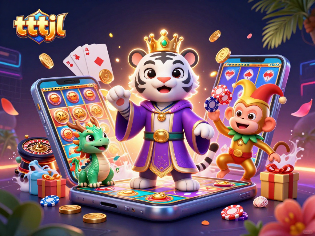 Playful 3D illustration depicting a white tiger, golden monkey, and jade dragon in a vibrant casino scene, showcasing tttjl themes