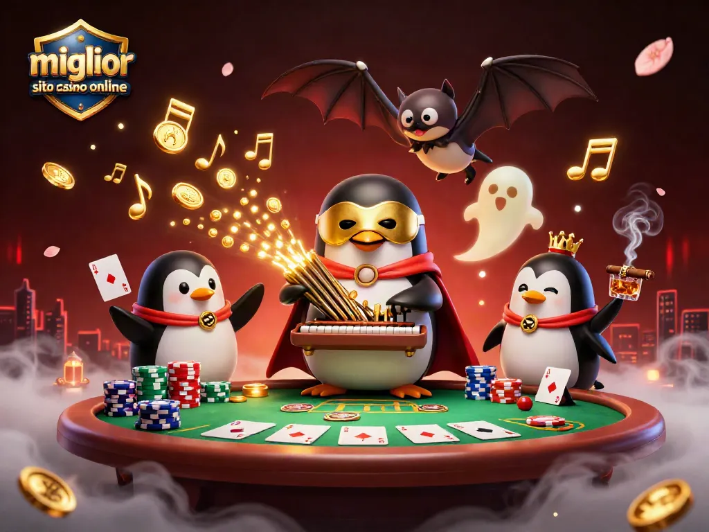 Gioca al miglior sito casino online mentre il pinguino dell'opera suona un organo che lancia monete d'oro.
