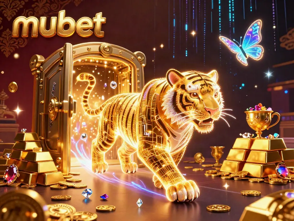 Engage with mubet's exciting digital casino experience featuring a golden tiger and treasures.