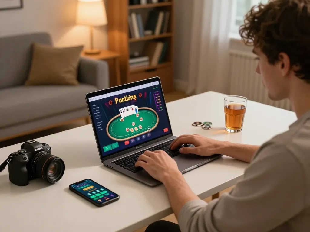 Engaged player enjoys online casino experience at their comfortable home desk, showcasing the Homepage of a betting platform.