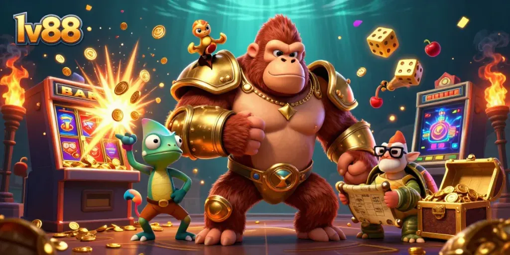 Engage with lv88's dynamic casino gaming scene led by a powerful gorilla and exciting gambling elements.