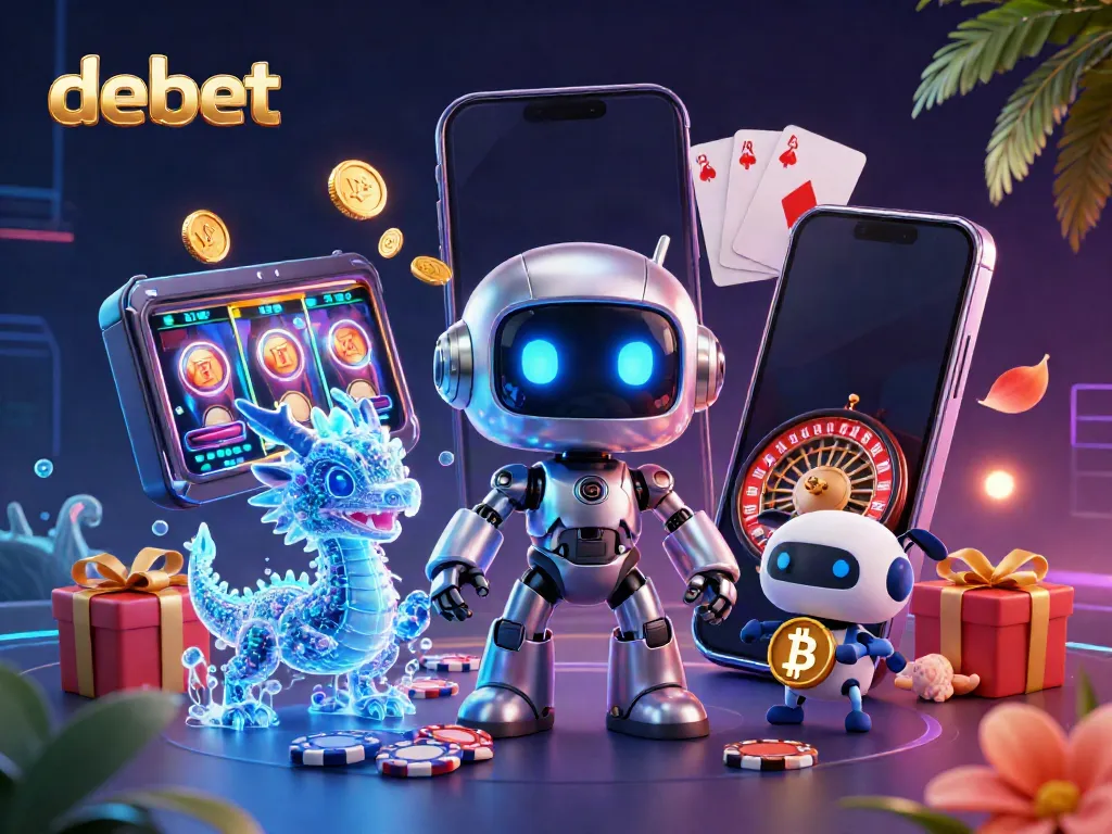 Experience thrilling gameplay with debet's vibrant 3D casino scene featuring animated characters and slot games.