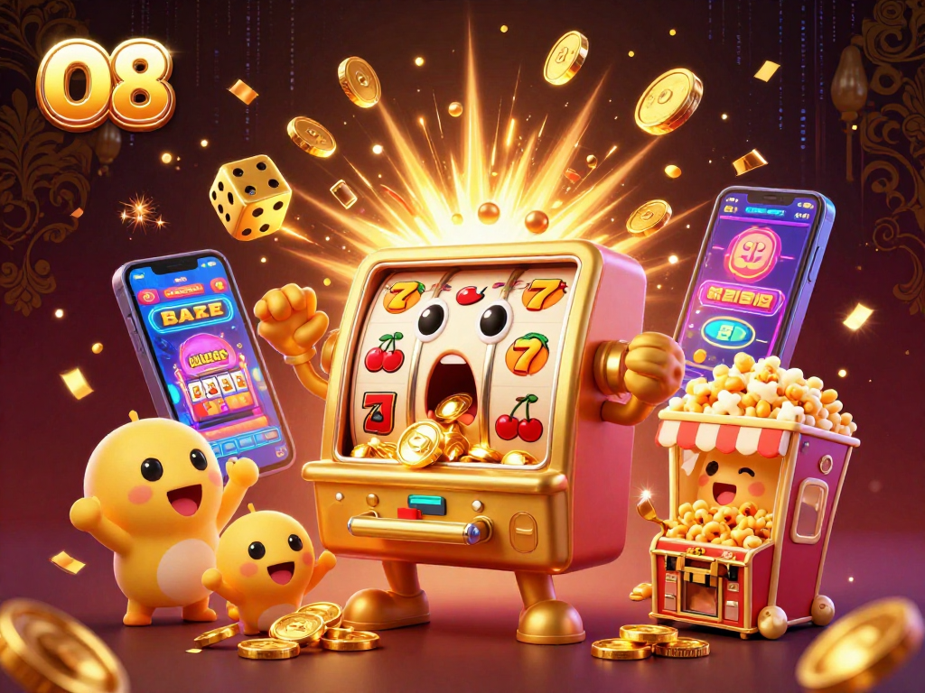 O8 jackpot celebration scene with a winning slot machine and coins pouring amidst lively casino elements.