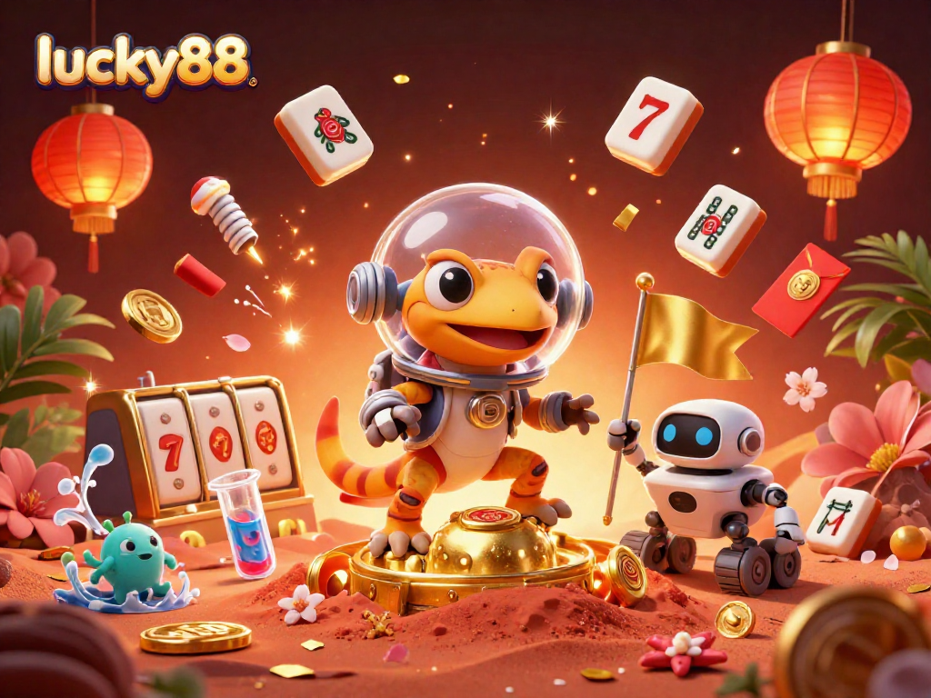 Engage in the excitement at lucky88 with a Martian gecko uncovering a hidden golden casino amidst vibrant game elements.