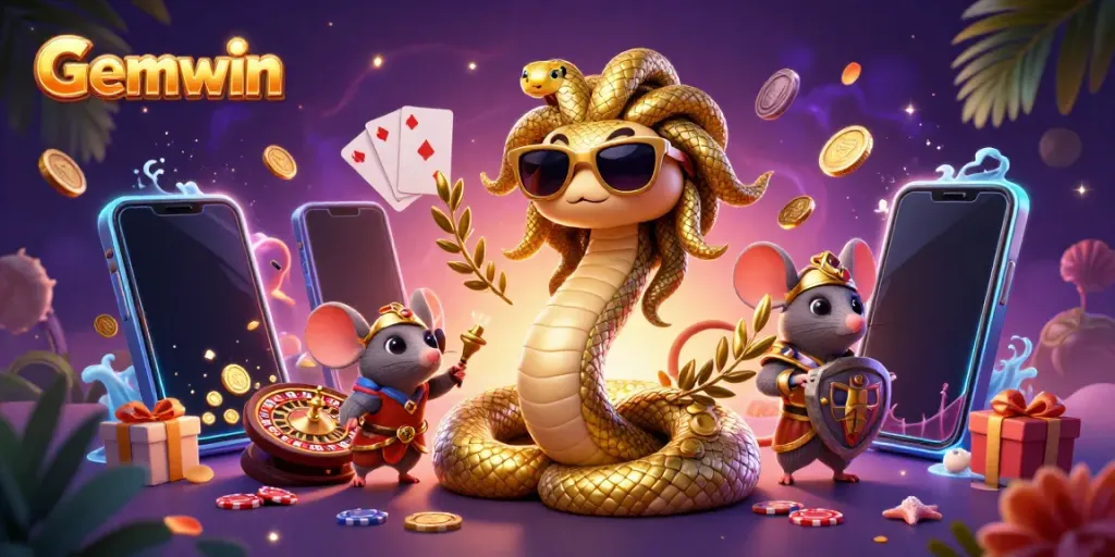 Gemwin gaming scene with Medusa, a mouse warrior, and a vibrant slot game.