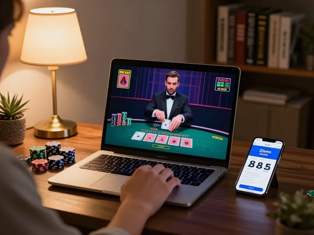 Player enjoying blackjack on 33winn online casino app, laptop and smartphone on stylish desk.