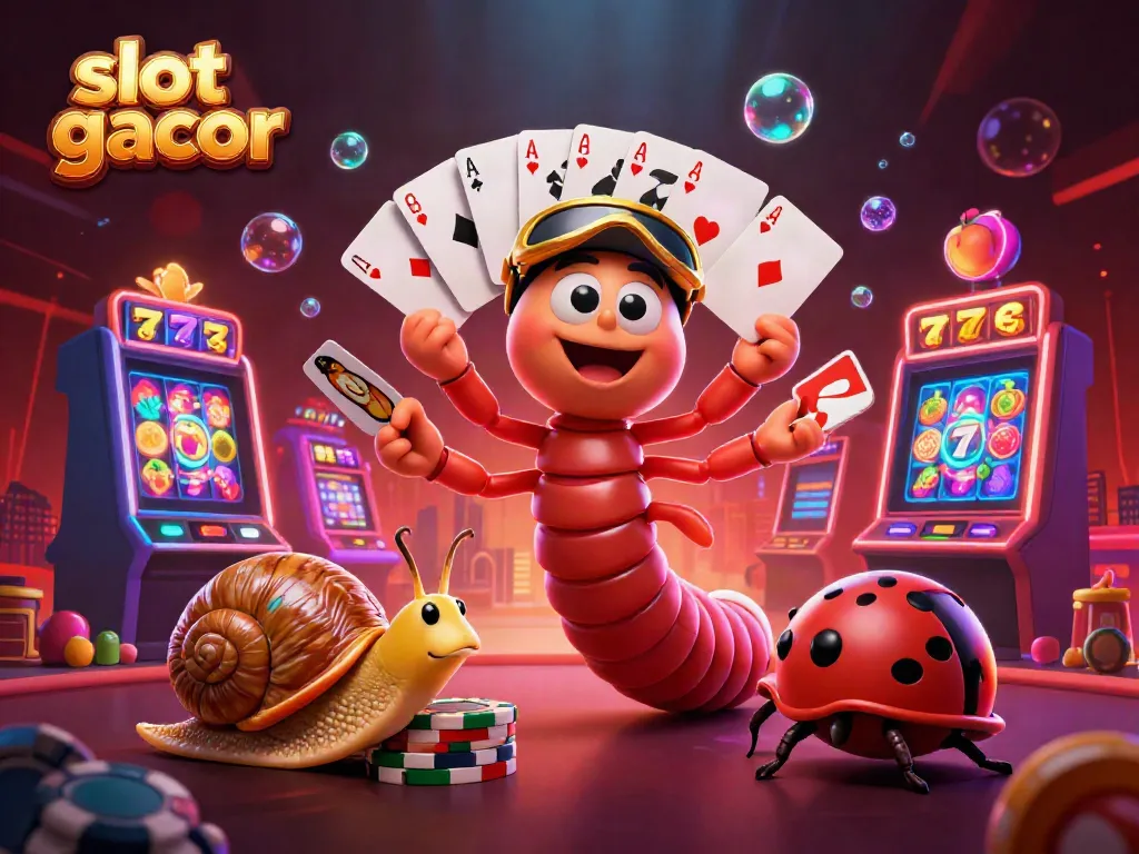 Vibrant slot gacor illustration with cartoon characters and slots, perfect for a casino-themed promotion