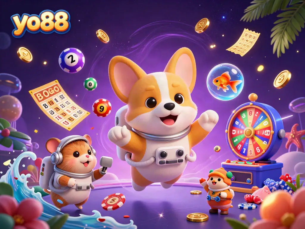 Experience thrilling games at yo88 with vibrant lottery elements and animated characters in a cosmic casino.