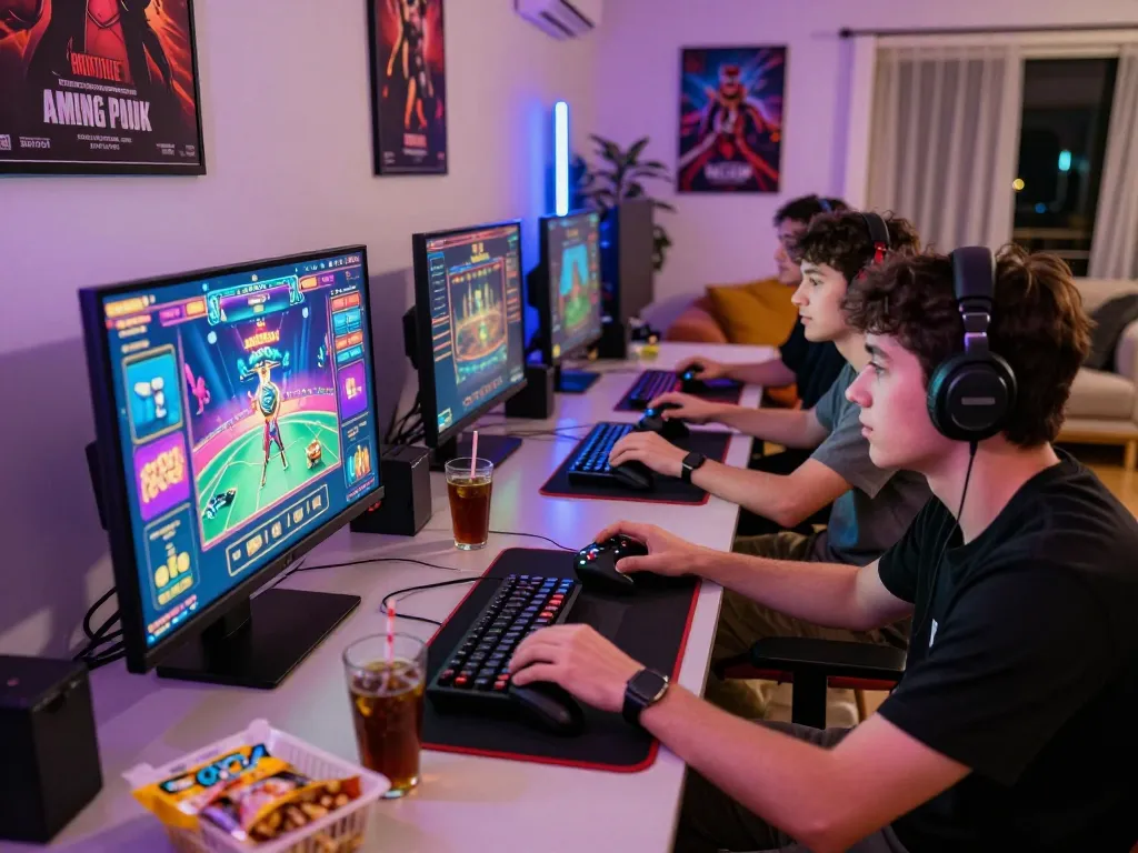 Group enjoying RR88 online gaming experience with vibrant atmosphere and gaming setup