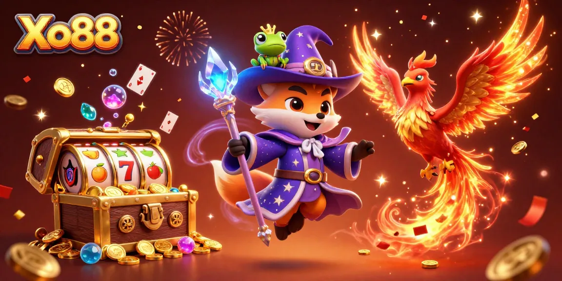 Xo88 showcases an enchanting wizard fox and phoenix celebrating with coins, jewels, and slot reels.