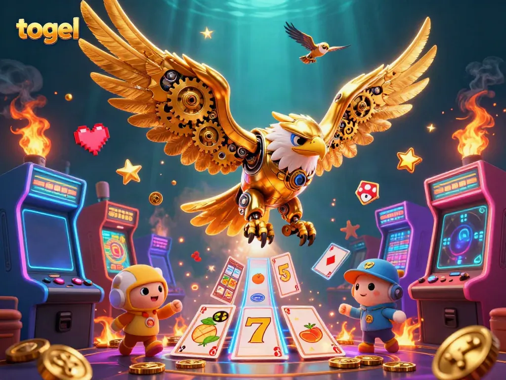 Engage in dynamic togel gaming with an illustrated golden eagle and neon slot elements.